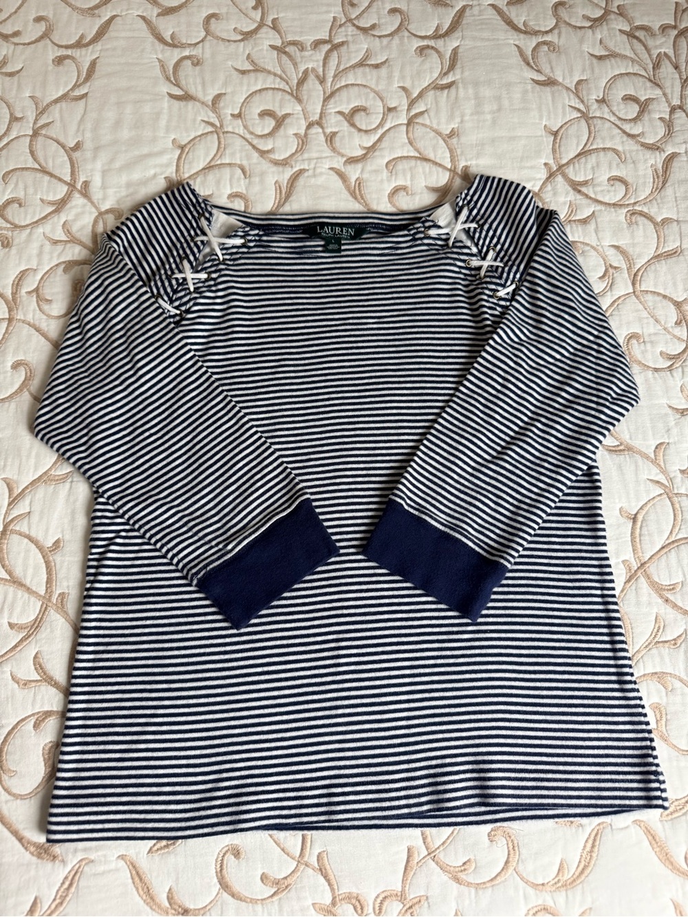 Lauren Ralph Lauren Navy and White Striped Lace-Up Shoulder Top